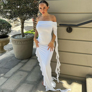 one shoulder pleated pure color slim fit dress