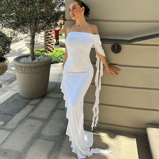 one shoulder pleated pure color slim fit dress
