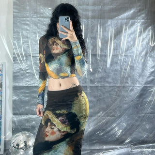 Skin transmittance long -sleeved top + long skirt suit