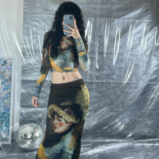 Skin transmittance long -sleeved top + long skirt suit