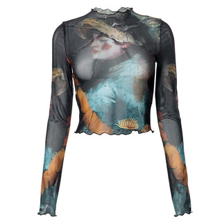 Skin transmittance long -sleeved top + long skirt suit