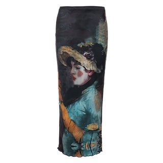 Skin transmittance long -sleeved top + long skirt suit