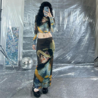 Skin transmittance long -sleeved top + long skirt suit