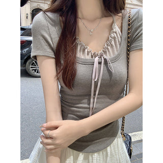 Fake Two-piece Hanging Neck Bow Pleated op