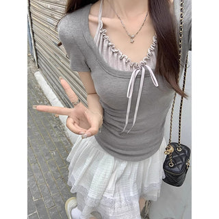 Fake Two-piece Hanging Neck Bow Pleated op