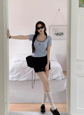 Blue Low Neck Embroidered Bow Top