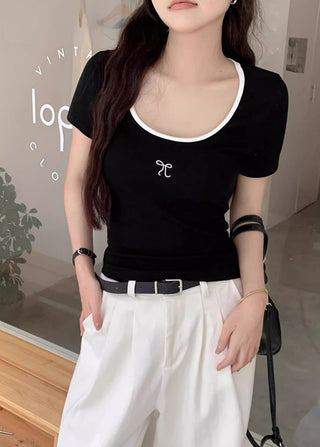 Blue Low Neck Embroidered Bow Top