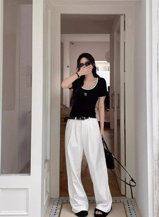 Blue Low Neck Embroidered Bow Top