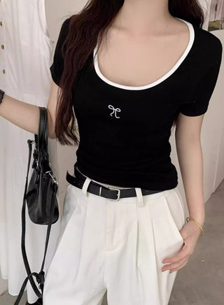 Blue Low Neck Embroidered Bow Top