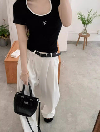 Blue Low Neck Embroidered Bow Top