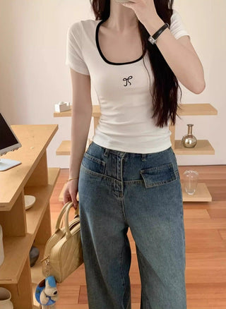 Blue Low Neck Embroidered Bow Top