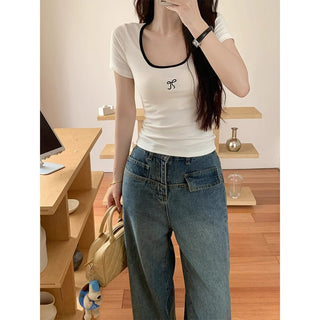 Blue Low Neck Embroidered Bow Top