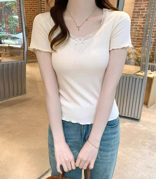 u-neck lace edge short-sleeved base top