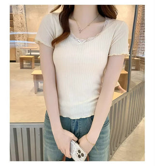 u-neck lace edge short-sleeved base top