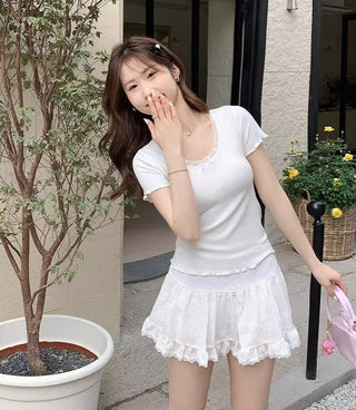 u-neck lace edge short-sleeved base top