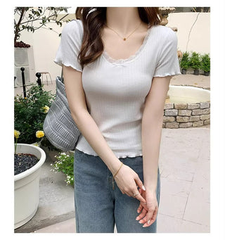 u-neck lace edge short-sleeved base top
