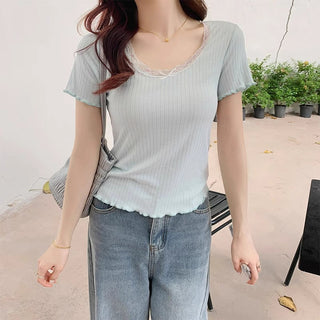 u-neck lace edge short-sleeved base top