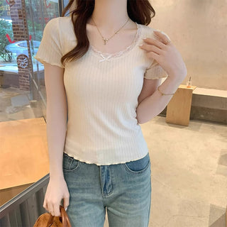 u-neck lace edge short-sleeved base top