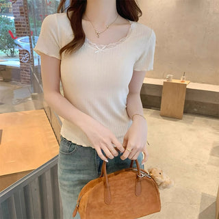 u-neck lace edge short-sleeved base top