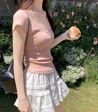 Bow Lace Short-sleeved Chic Top