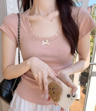 Bow Lace Short-sleeved Chic Top