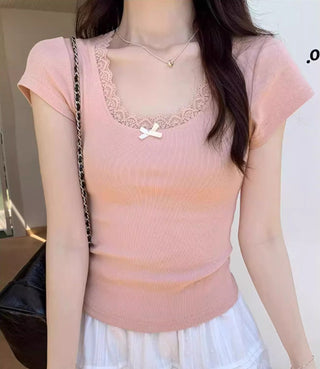 Bow Lace Short-sleeved Chic Top