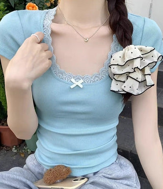 Bow Lace Short-sleeved Chic Top