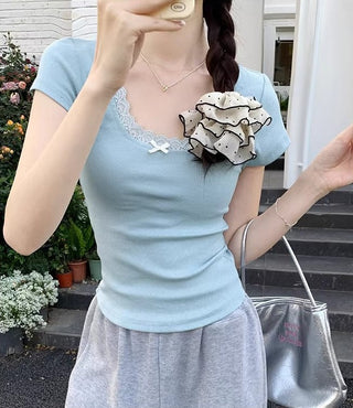 Bow Lace Short-sleeved Chic Top