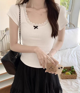 Bow Lace Short-sleeved Chic Top