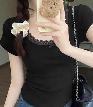 Bow Lace Short-sleeved Chic Top