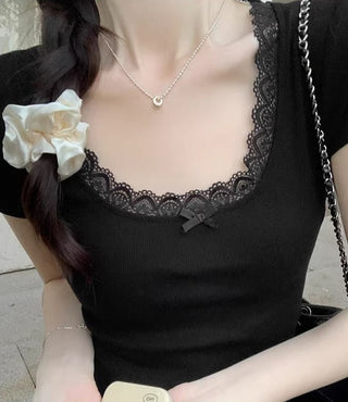 Bow Lace Short-sleeved Chic Top