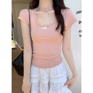 Bow Lace Short-sleeved Chic Top