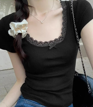 Bow Lace Short-sleeved Chic Top