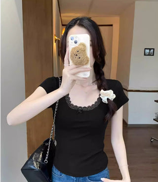 Bow Lace Short-sleeved Chic Top