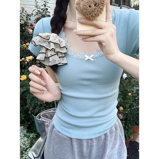 Bow Lace Short-sleeved Chic Top