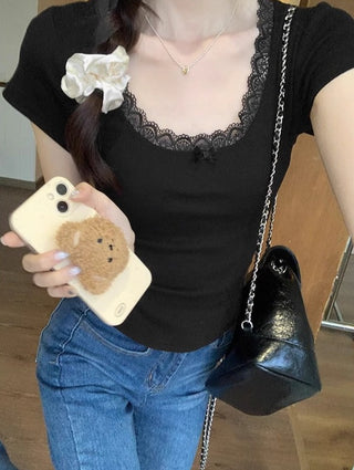 Bow Lace Short-sleeved Chic Top