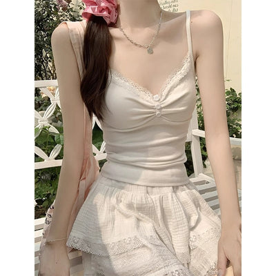 White Pure V-Neck Spice Lace Sleeveless Top
