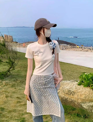 Korean Simple Bow Short-sleeved Top