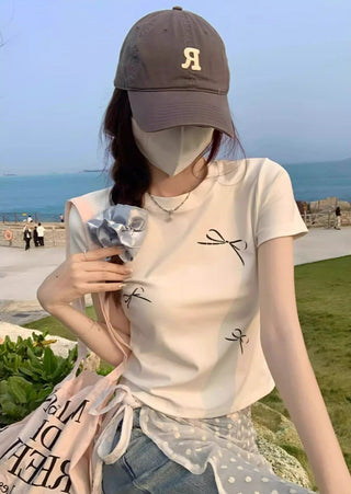 Korean Simple Bow Short-sleeved Top