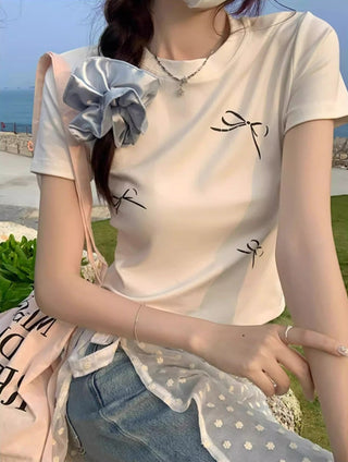 Korean Simple Bow Short-sleeved Top