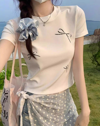 Korean Simple Bow Short-sleeved Top