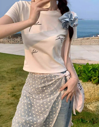 Korean Simple Bow Short-sleeved Top