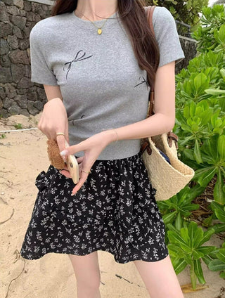 Korean Simple Bow Short-sleeved Top