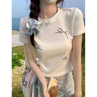 Korean Simple Bow Short-sleeved Top