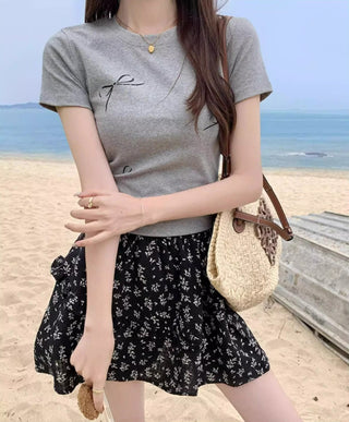 Korean Simple Bow Short-sleeved Top