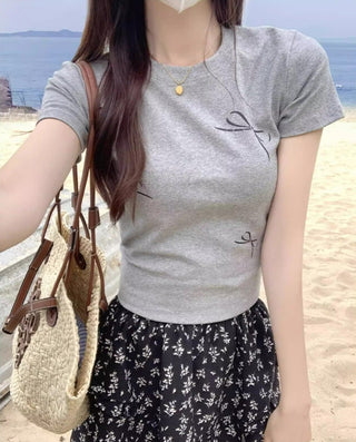 Korean Simple Bow Short-sleeved Top
