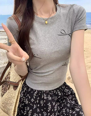 Korean Simple Bow Short-sleeved Top