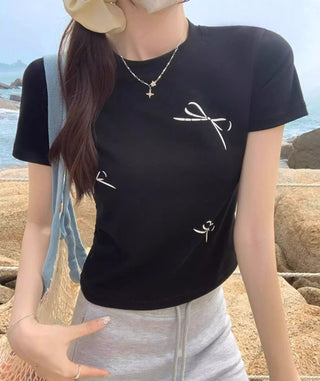 Korean Simple Bow Short-sleeved Top