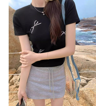 Korean Simple Bow Short-sleeved Top