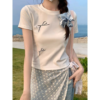 Korean Simple Bow Short-sleeved Top